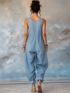 Women's Floral Pattern Sleeveless Denim Jumpsuit