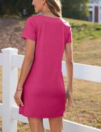 Women's Casual Square Neck Pocket Short Sleeve Dress with Pockets