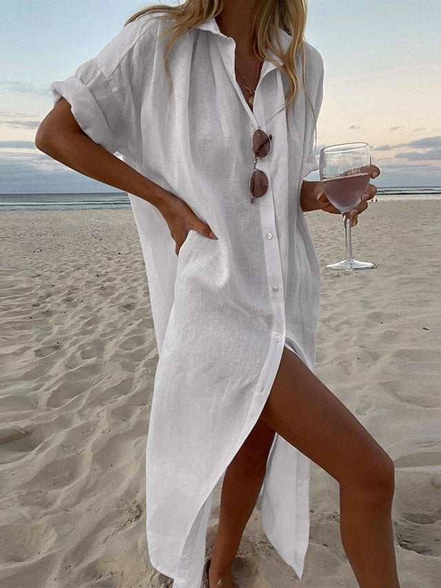 Women's Maxi Dress Cotton Blend Shirt Dress