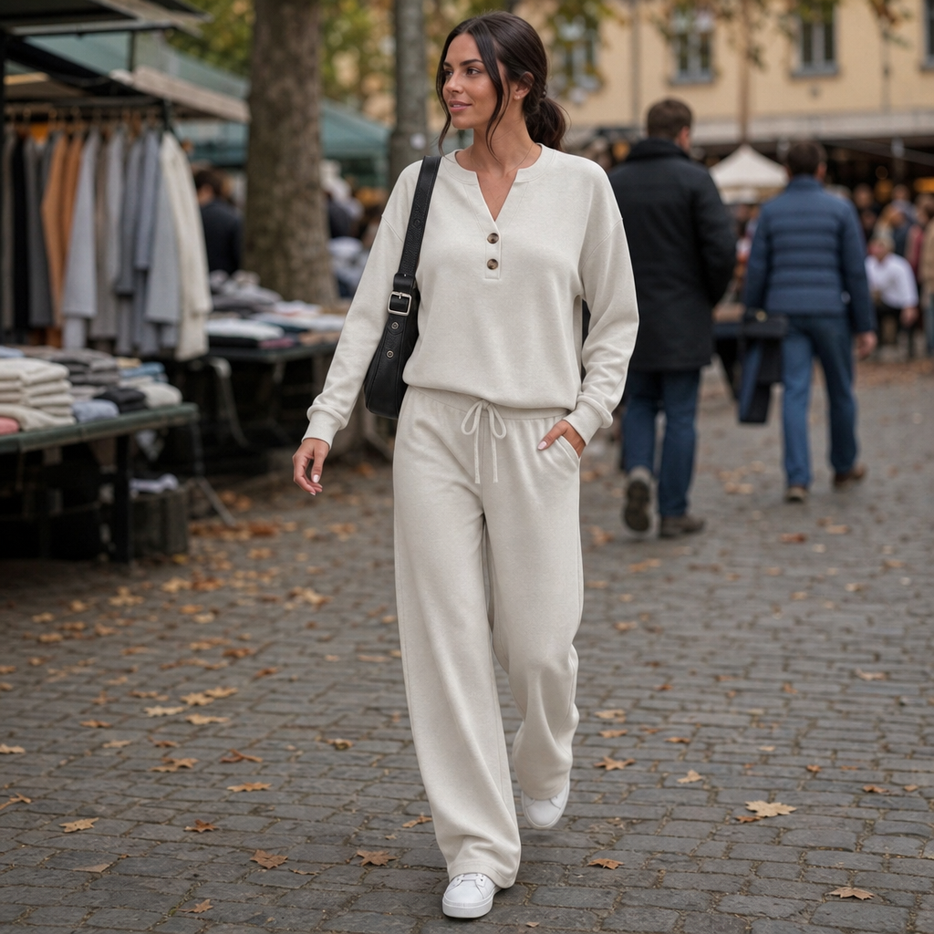 Women Henley Wide-Leg Two-Piece Lounge Set