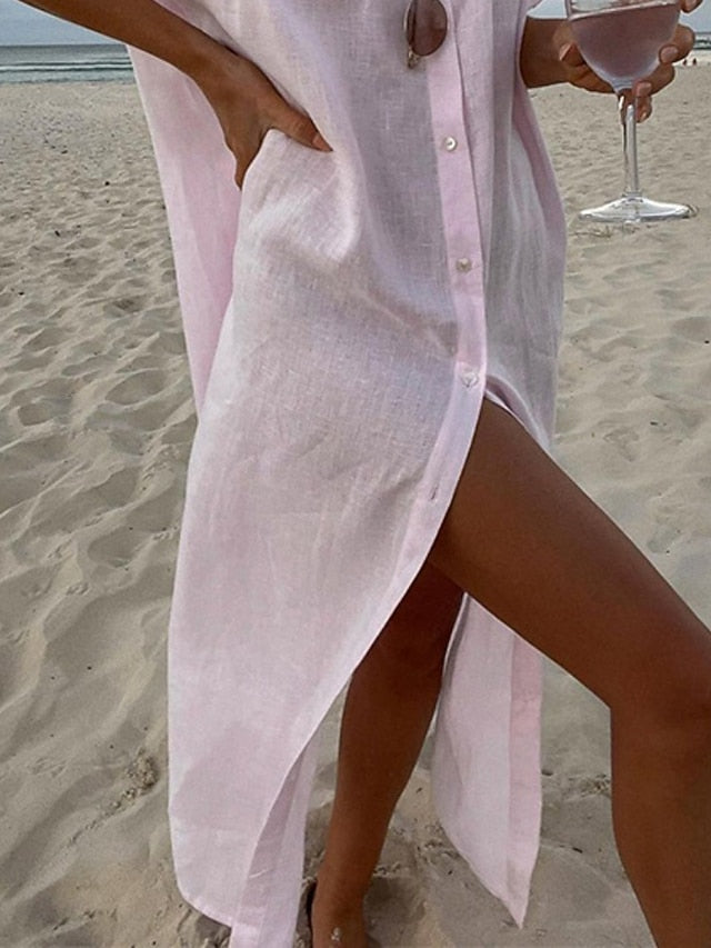 Women's Maxi Dress Cotton Blend Shirt Dress