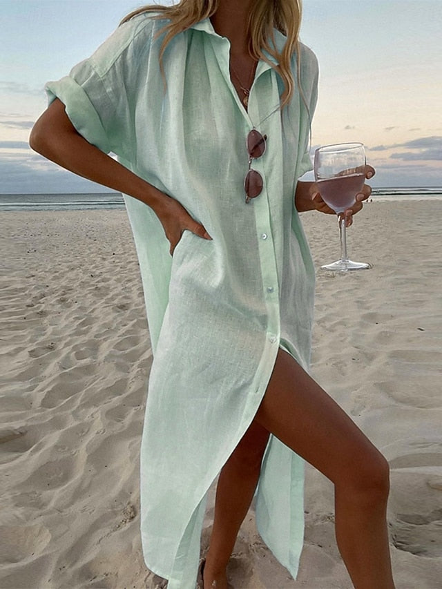 Women's Maxi Dress Cotton Blend Shirt Dress