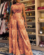 2 Pieces Outfit Mock Neck Short Sleeve Slim Fit Top and High Waist Wide Leg Pants Set Casual Tie Dye Print Sheer Mesh Set