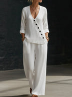 NEW🔥Minimalist V-neck Shirt And Wide-leg Pants Two-piece Set
