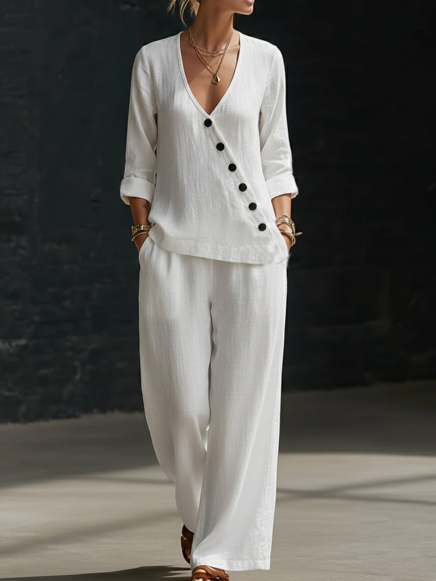 NEW🔥Minimalist V-neck Shirt And Wide-leg Pants Two-piece Set