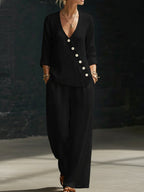 NEW🔥Minimalist V-neck Shirt And Wide-leg Pants Two-piece Set