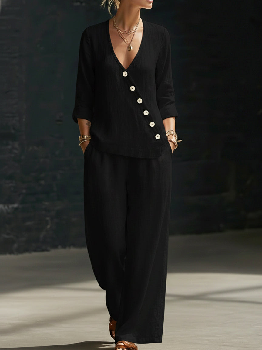 NEW🔥Minimalist V-neck Shirt And Wide-leg Pants Two-piece Set