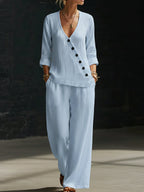 NEW🔥Minimalist V-neck Shirt And Wide-leg Pants Two-piece Set
