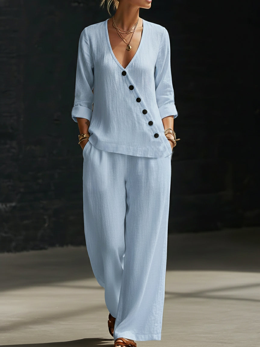 NEW🔥Minimalist V-neck Shirt And Wide-leg Pants Two-piece Set