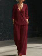 NEW🔥Minimalist V-neck Shirt And Wide-leg Pants Two-piece Set