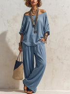 Casual, Loose-fitting Linen Set With Three-quarter Sleeve Top And Wide-leg Trousers