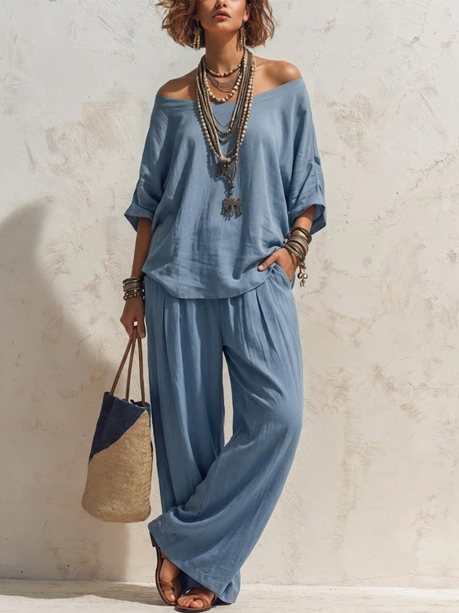 Casual, Loose-fitting Linen Set With Three-quarter Sleeve Top And Wide-leg Trousers