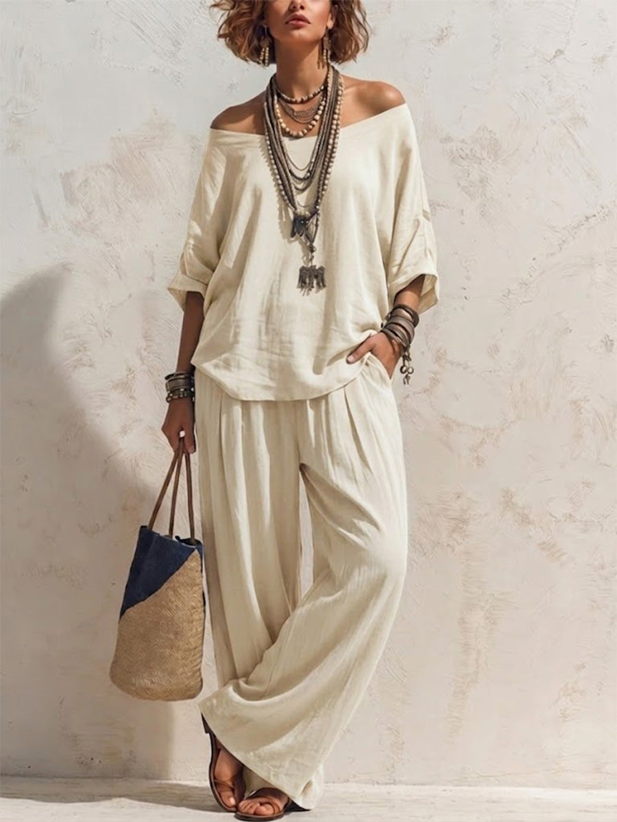 Casual, Loose-fitting Linen Set With Three-quarter Sleeve Top And Wide-leg Trousers