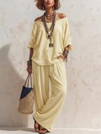 Casual, Loose-fitting Linen Set With Three-quarter Sleeve Top And Wide-leg Trousers