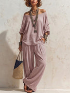 Casual, Loose-fitting Linen Set With Three-quarter Sleeve Top And Wide-leg Trousers