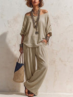 Casual, Loose-fitting Linen Set With Three-quarter Sleeve Top And Wide-leg Trousers