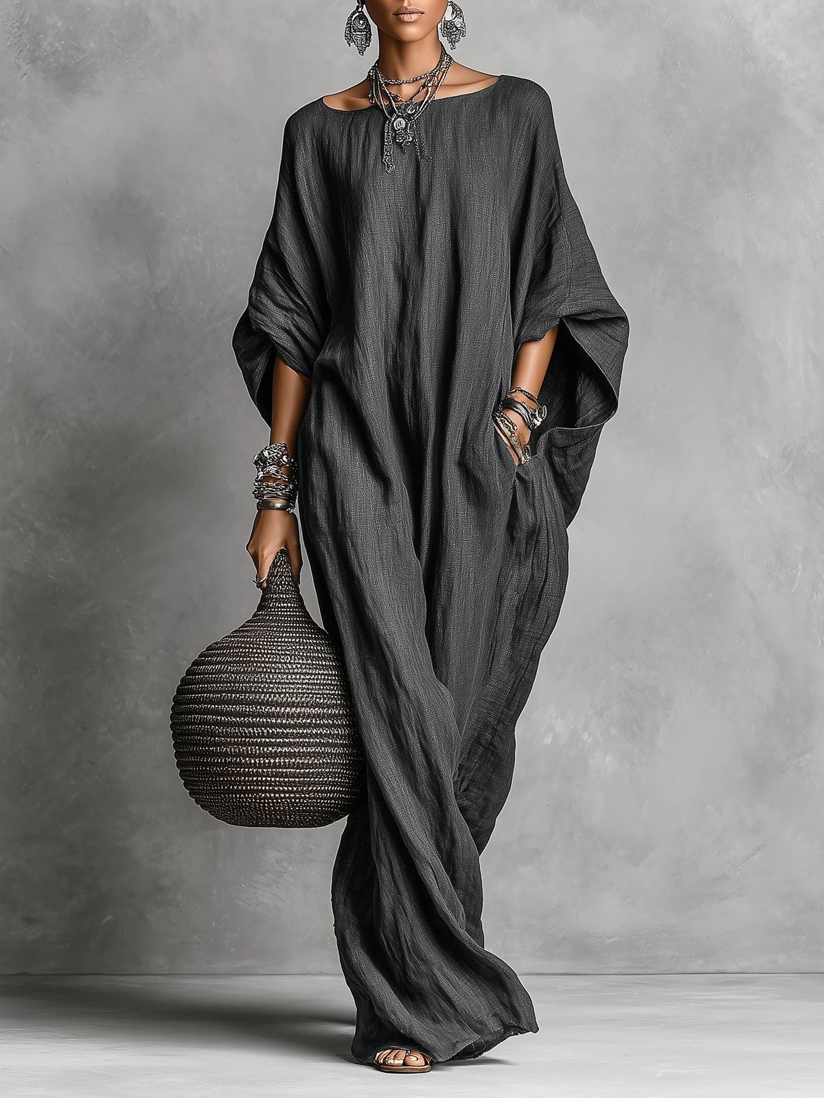 Oversized Linen Maxi Kaftan Dress