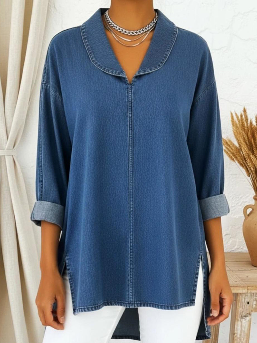 Retro Shawl Collar Denim Cotton Top