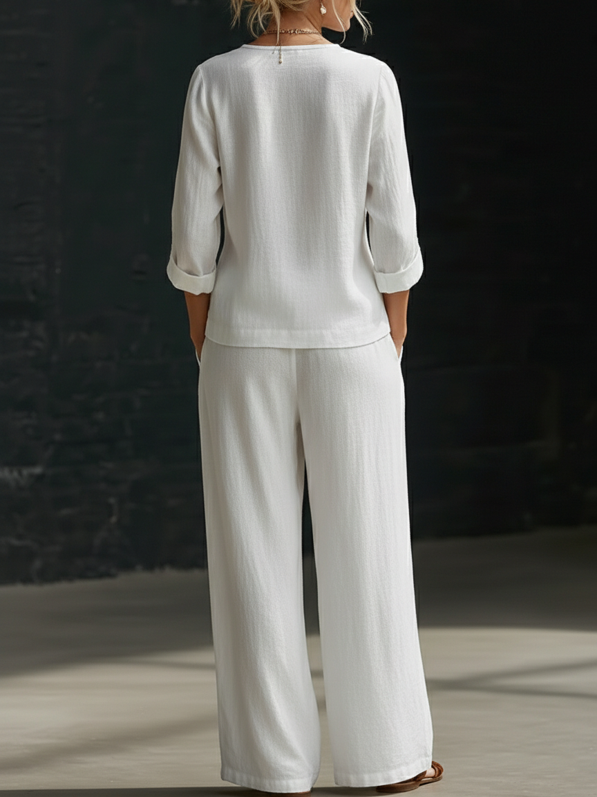 NEW🔥Minimalist V-neck Shirt And Wide-leg Pants Two-piece Set
