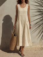 Women's Solid Color Crew Neck Sleeveless Casual Loose Cotton-linen Dress