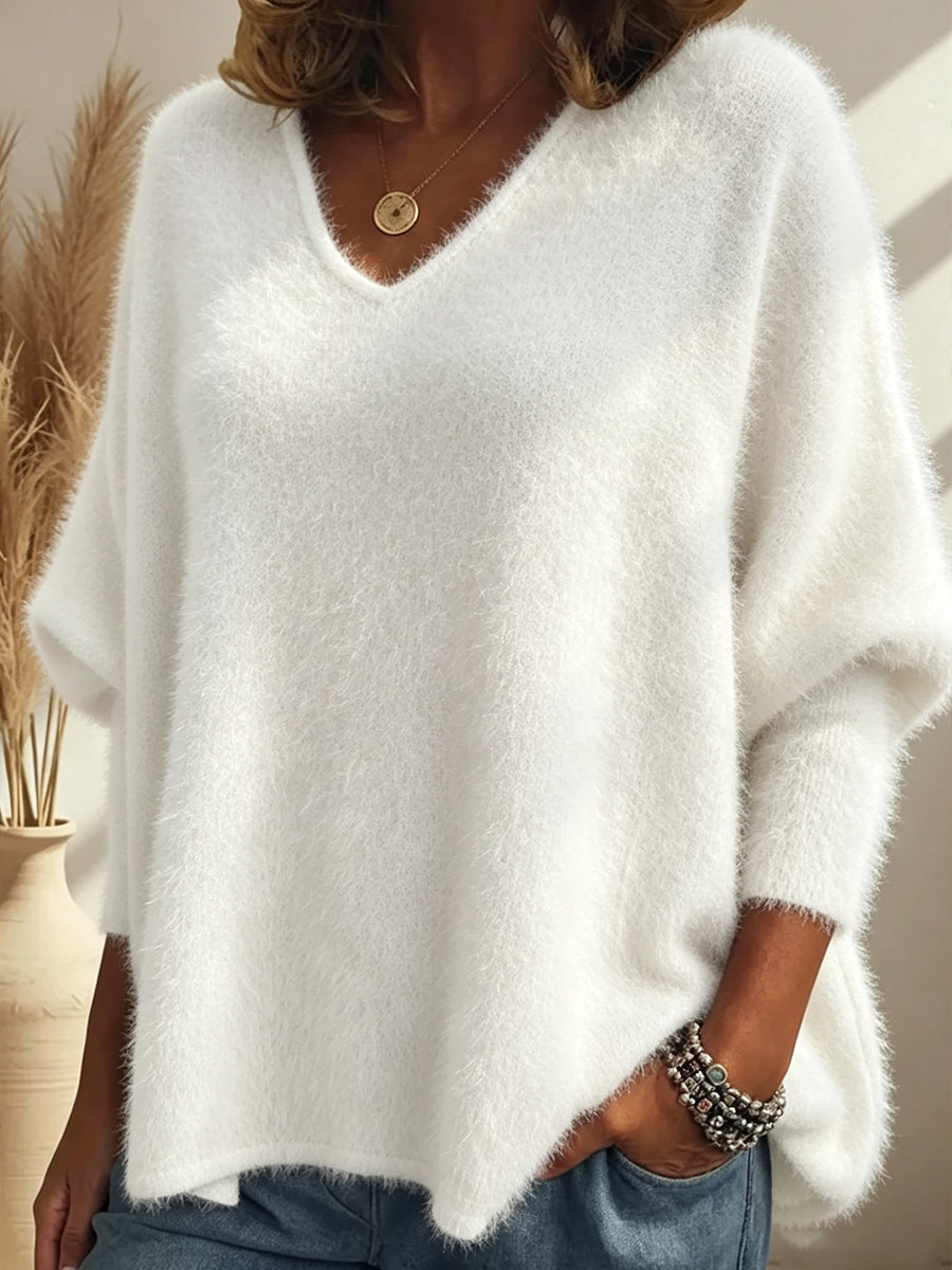 Floweary Soft Fuzzy Mohair V-neck Batwing Sweater