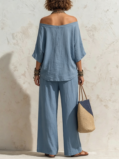 Casual, Loose-fitting Linen Set With Three-quarter Sleeve Top And Wide-leg Trousers