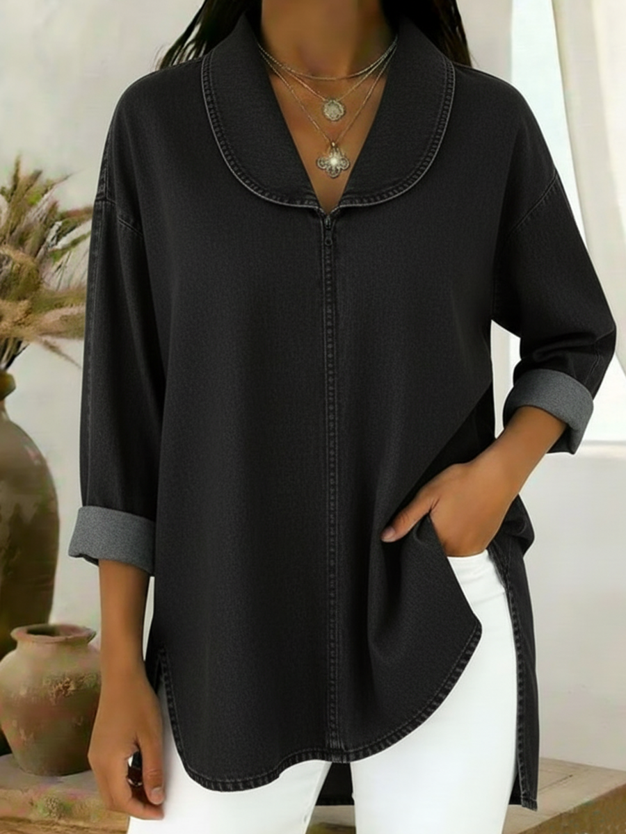 Retro Shawl Collar Denim Cotton Top