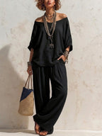 Casual, Loose-fitting Linen Set With Three-quarter Sleeve Top And Wide-leg Trousers