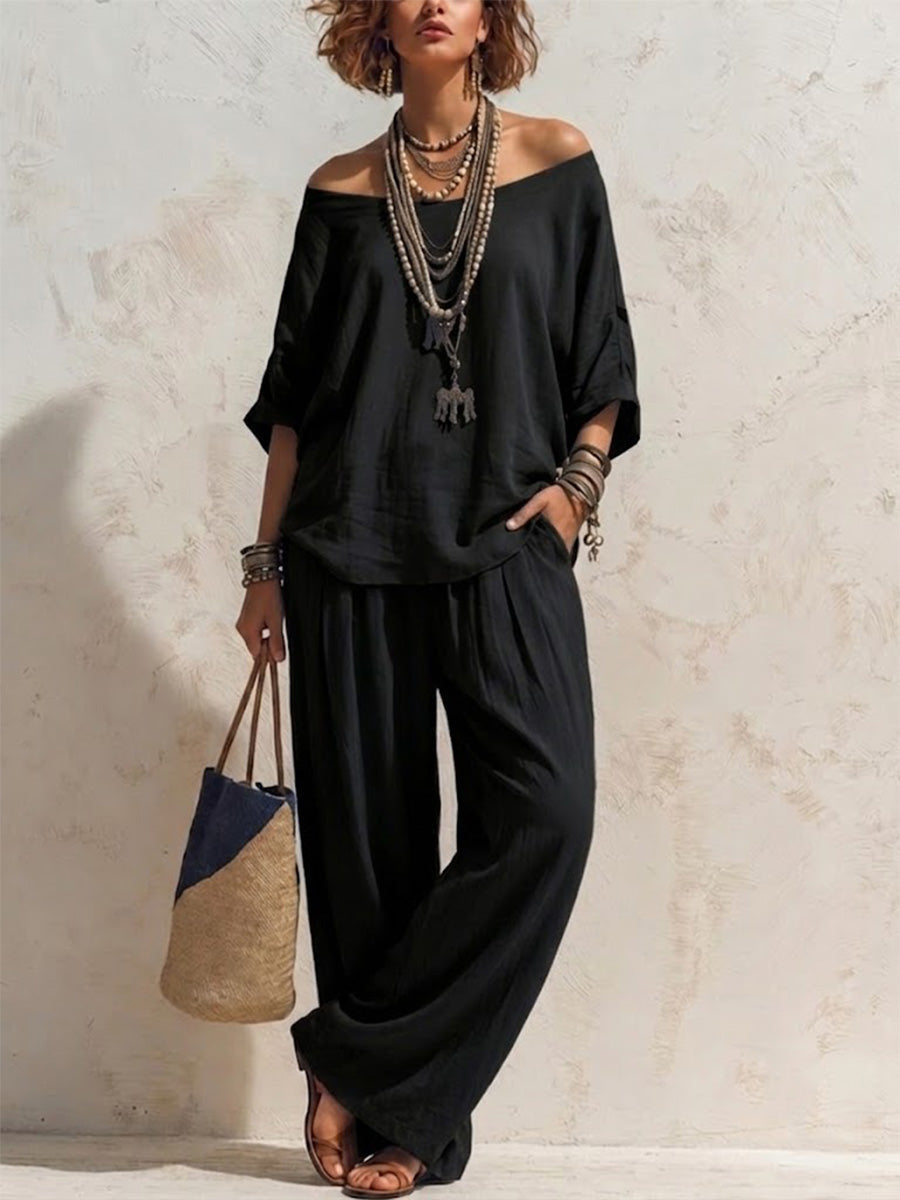Casual, Loose-fitting Linen Set With Three-quarter Sleeve Top And Wide-leg Trousers