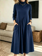 Women Turtleneck Diagonal Ruched Pocket Long Sleeve Midi Dress