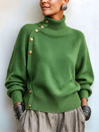 Chic Elegant Asymmetrical Button Turtleneck Sweater