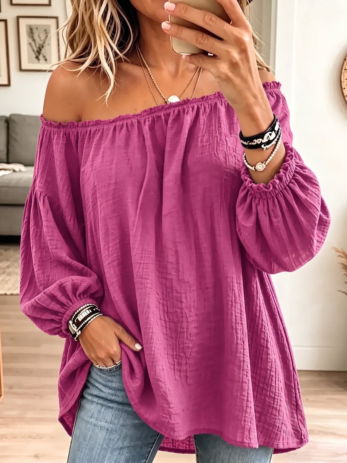 Vintage Elegant Off-the-shoulder Elasticated Pleated Cotton And Linen Solid Color Shirt - RoseRed / S