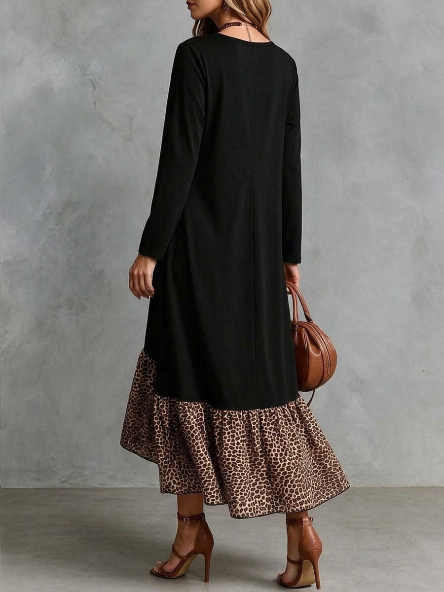 Women's Long Sleeve Black Maxi Dress With Leopard Print Ruffle Hem