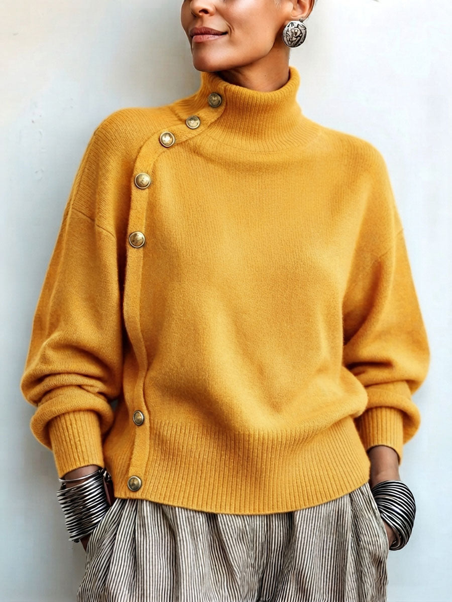 Chic Elegant Asymmetrical Button Turtleneck Sweater