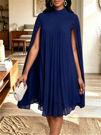 Women Mock Neck Cape Sleeve Pleated Chiffon Midi Party Dress - Blue / S