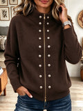 Women's Brown Turtleneck Full Zip Knit Cardigan with Double-Breasted Metal Buttons