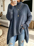 Women Oversized Turtleneck Asymmetric Hem Loose Knit Sweater - Blue / S