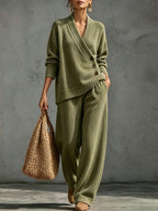 Women's Ribbed Knit Two-piece Lounge Set With Asymmetrical Buttons
