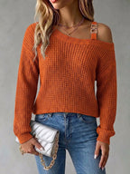 Casual Off-shoulder Pullover Sweater With Metal Buckle And Lantern Sleeves