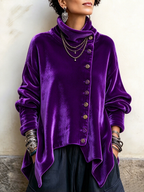 Chic Velvet Asymmetric Button Turtleneck Top