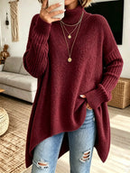 Women Oversized Turtleneck Asymmetric Hem Loose Knit Sweater - Red / S