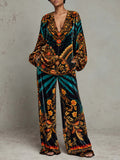 Bohemian Velvet Floral Print Matching Top & Wide-Leg Pants Set