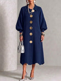 Long-sleeve Knit Dress With A Large Metal Buckle, Lapel Collar, And Lantern Sleeves