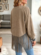 Vintage Elegant Round Neck Patchwork Tassel Suede Shirt