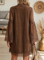 Women's Lace Plunging Neck Suede Babydoll Dres