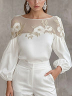 Satin Off-shoulder Lantern-sleeve Top