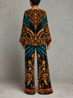 Bohemian Velvet Floral Print Matching Top & Wide-Leg Pants Set