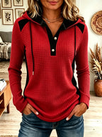 Women's Waffle Knit Colorblock Henley Hoodie