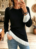 Women's Contrast Fringe Trim Asymmetrical Hem Knit Top