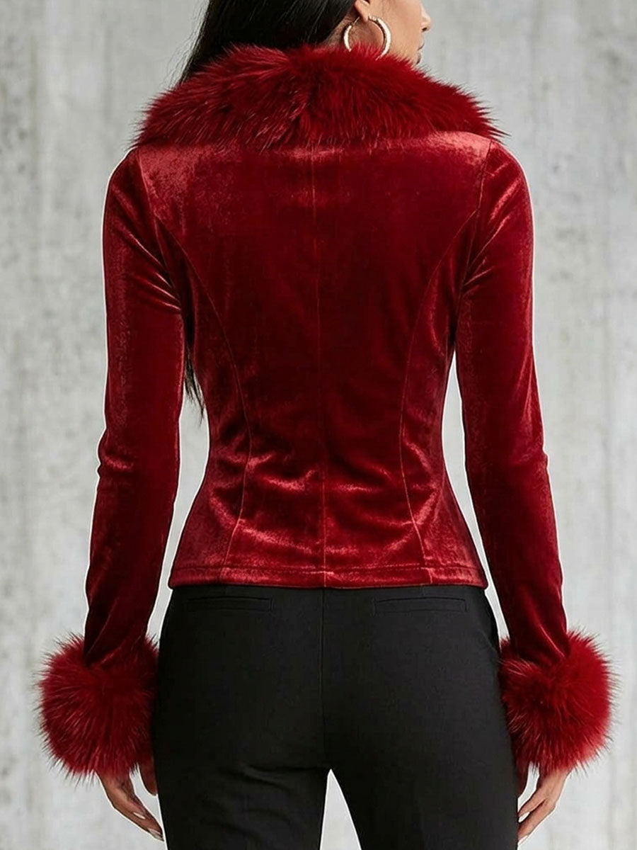 Glamorous Red Velvet Zip-up Jacket With Faux Fur Trim